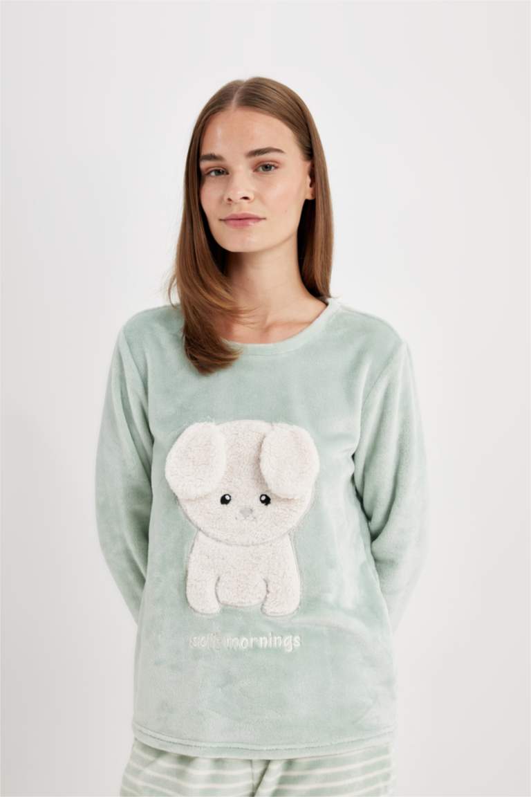 Fall in Love Pijama Takım Welsoft Pelüş Baskılı Bisiklet Yaka Uzun Kollu Üst Çizgili Beli Lastikli Alt