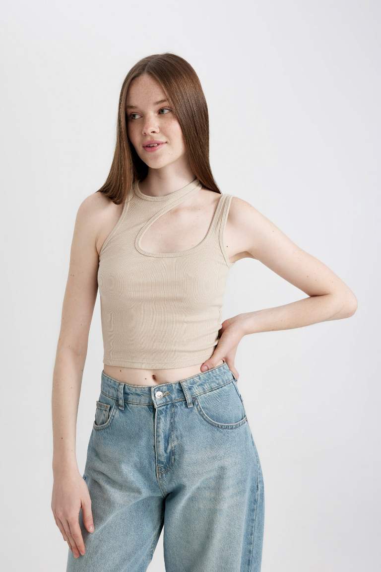 Fitted Crew Neck Ribbed Camisole Crop Top