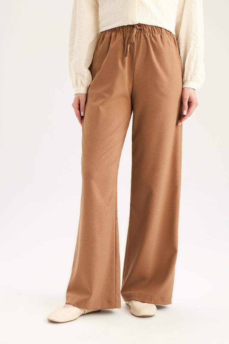 Wide Leg Geniş Paça Beli Lastikli Bağcıklı Basic Düz Palazzo Pantolon