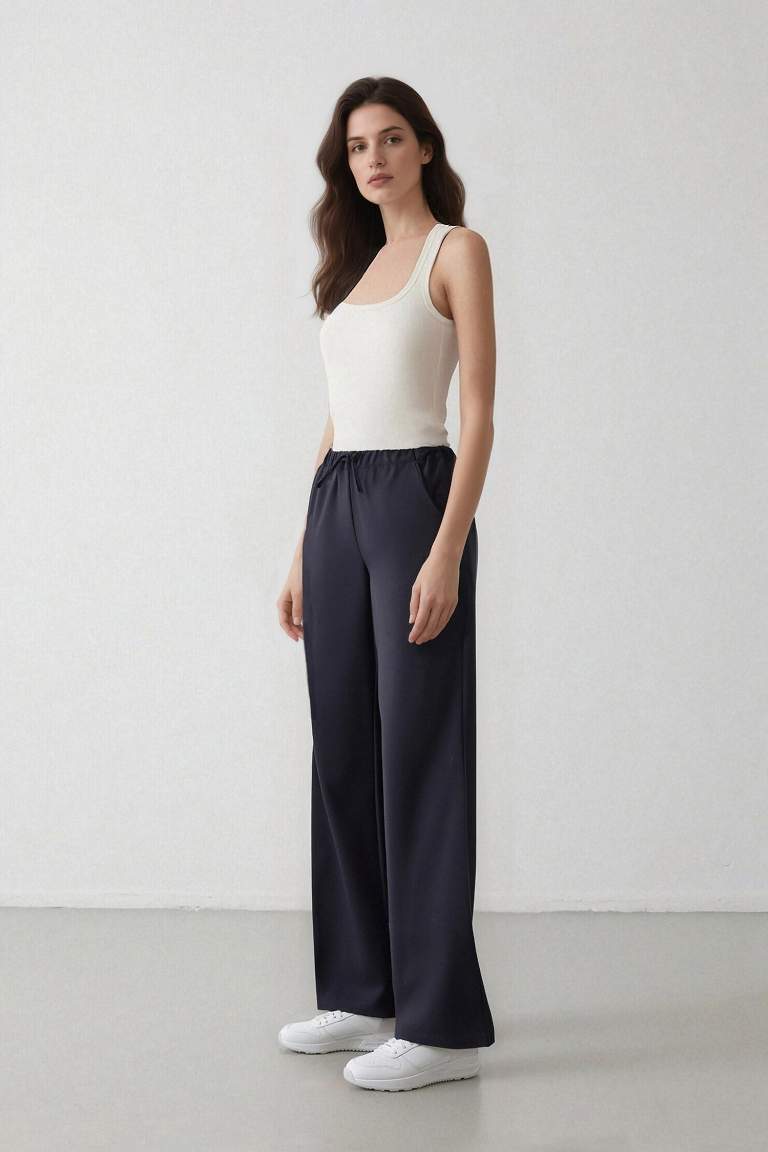 Wide Leg Geniş Paça Beli Lastikli Bağcıklı Basic Düz Palazzo Pantolon