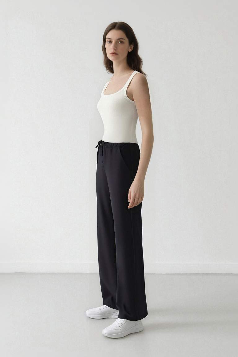 Wide Leg Geniş Paça Beli Lastikli Bağcıklı Basic Düz Palazzo Pantolon