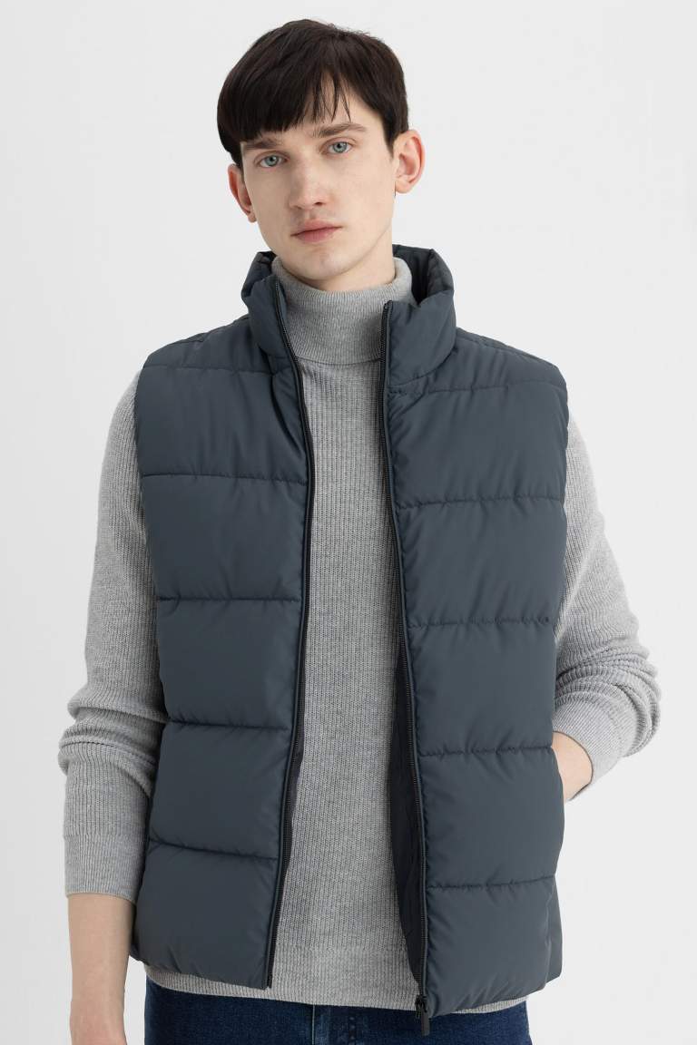 Su İtici Slim Fit Şişme Yelek Dar Kesim Dik Yaka Fermuarlı Cepli 