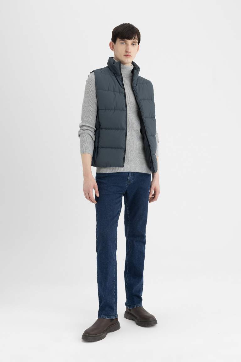 Su İtici Slim Fit Şişme Yelek Dar Kesim Dik Yaka Fermuarlı Cepli 