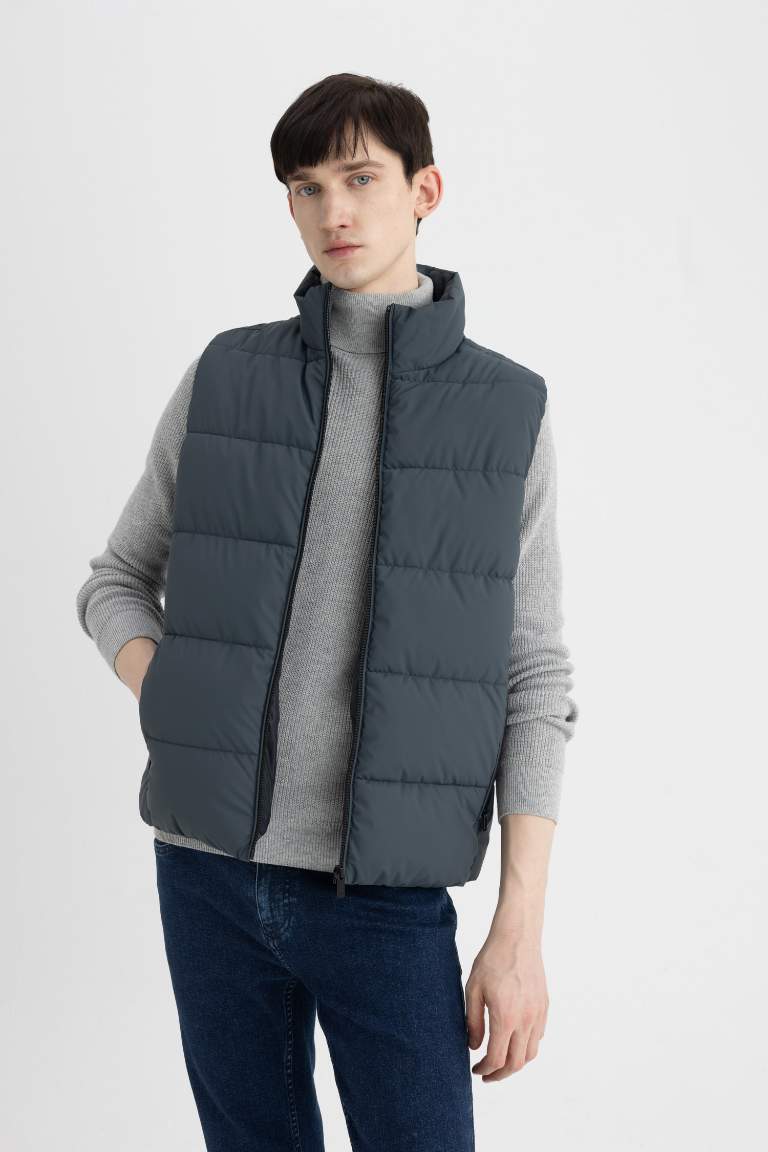 Su İtici Slim Fit Şişme Yelek Dar Kesim Dik Yaka Fermuarlı Cepli 