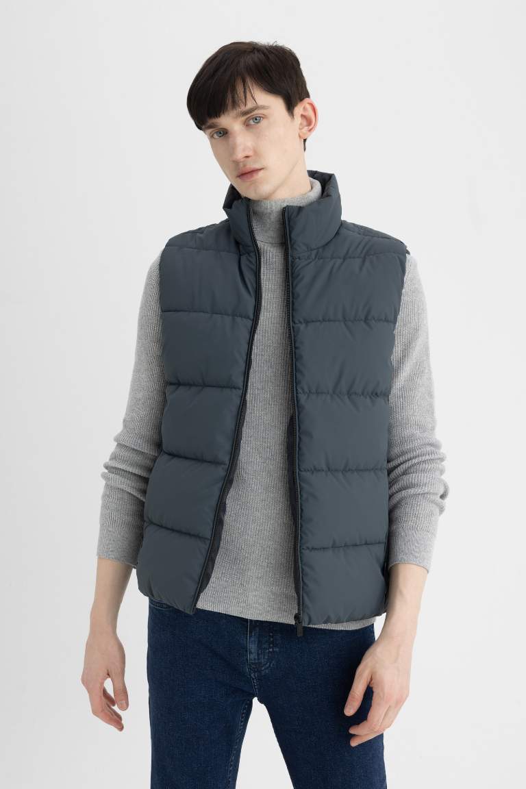 Su İtici Slim Fit Şişme Yelek Dar Kesim Dik Yaka Fermuarlı Cepli 