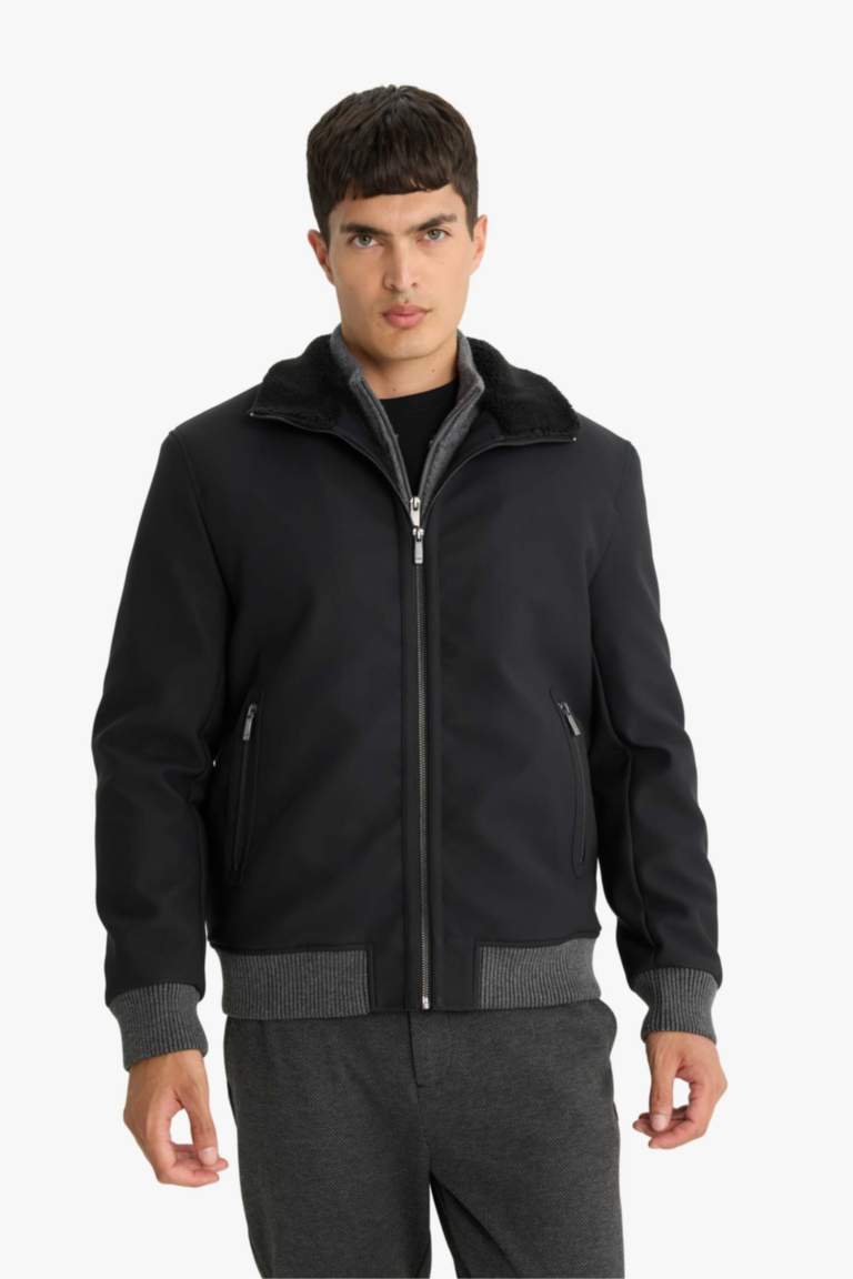 Slim Fit Lined Faux Leather Puffer Jacket