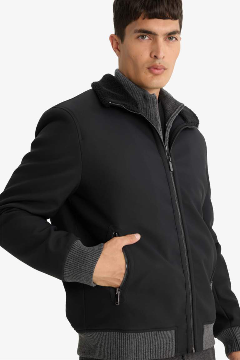 Slim Fit Lined Faux Leather Puffer Jacket