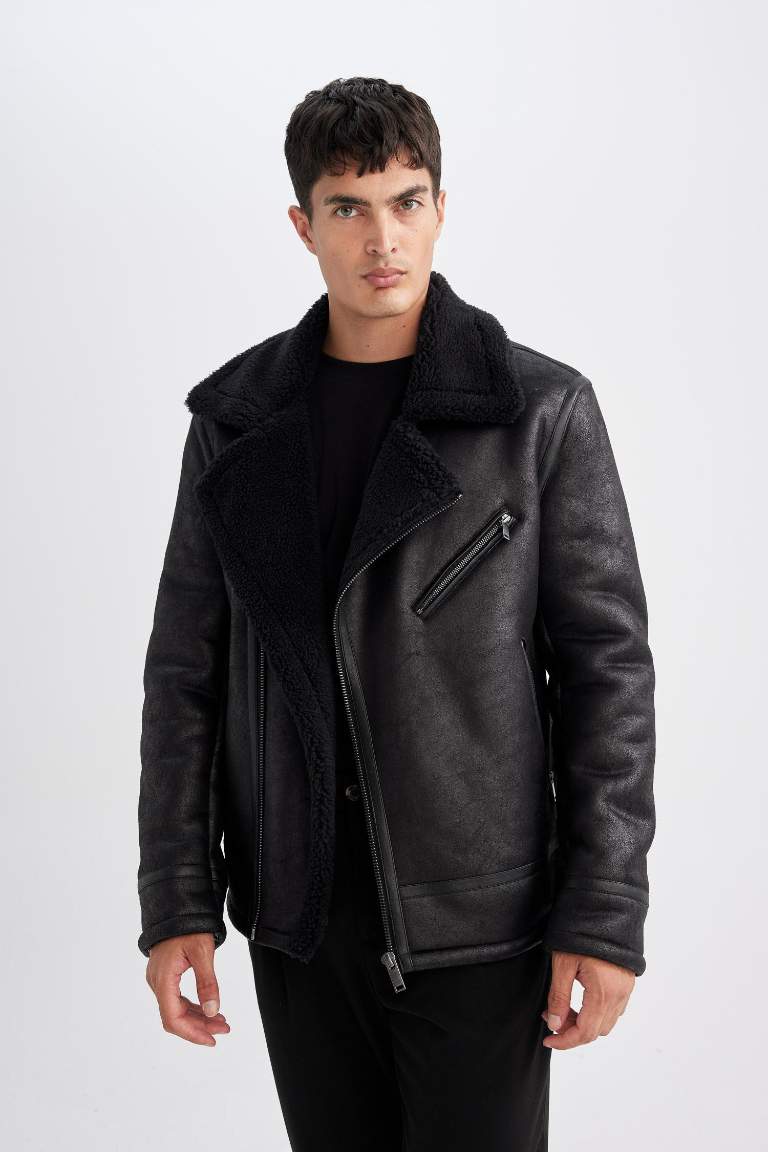 Slim Fit Zippered Collar Faux Leather Jacket