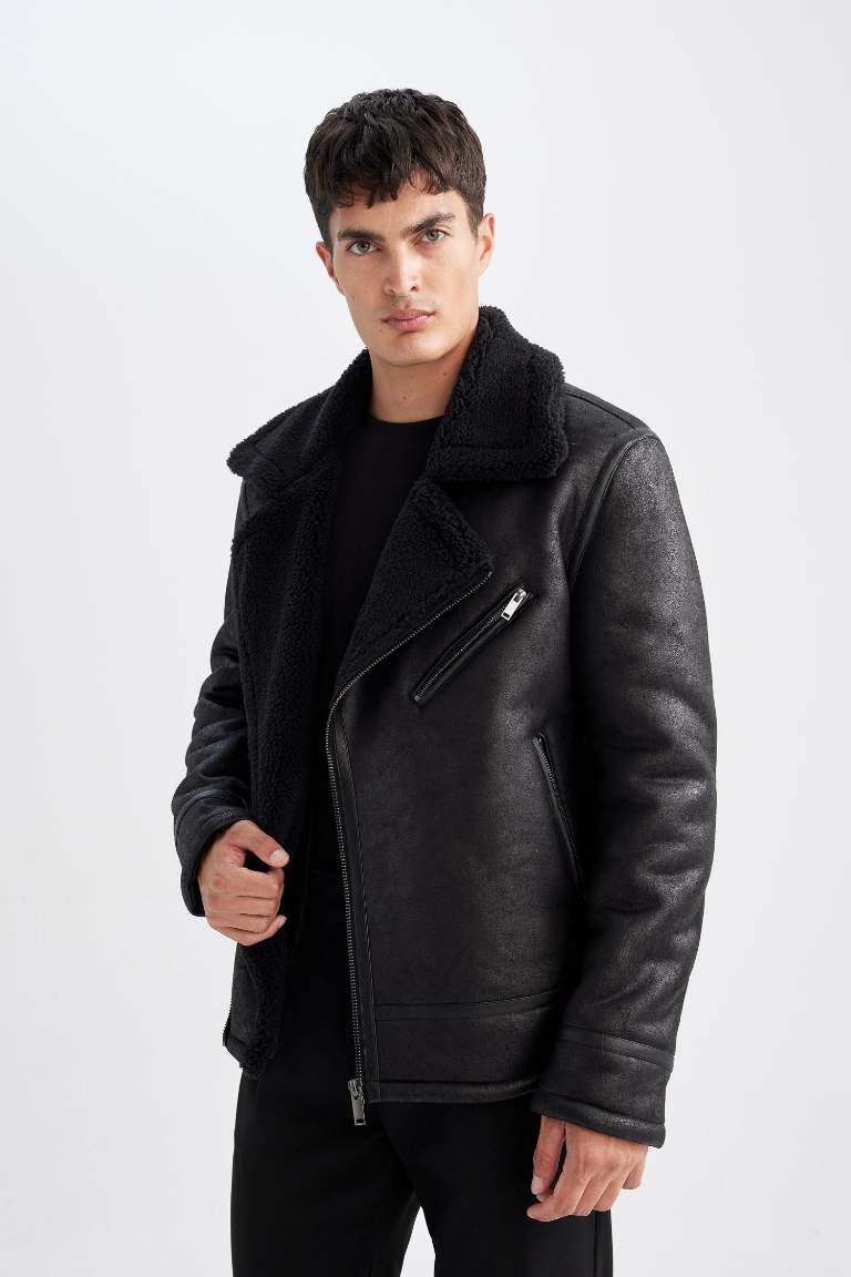 Slim Fit Zippered Collar Faux Leather Jacket