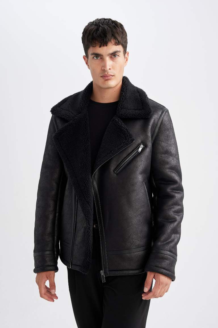 Slim Fit Zippered Collar Faux Leather Jacket