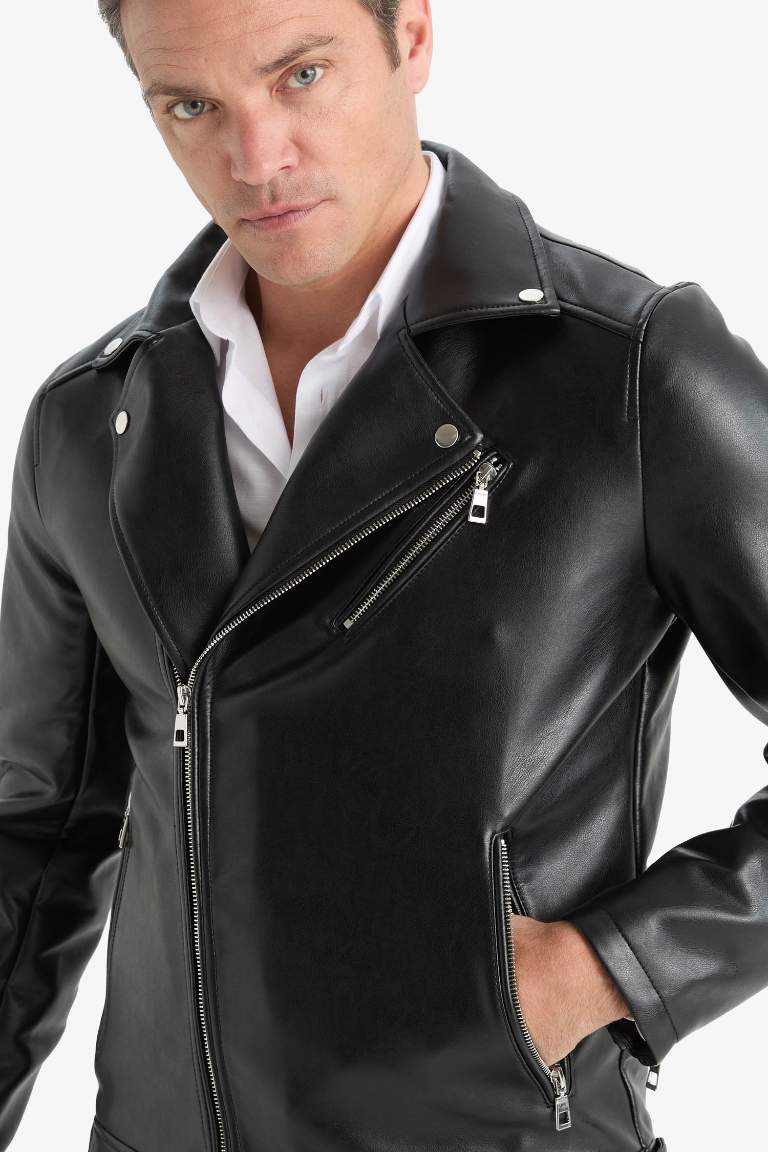 Su ve Rüzgar Geçirmez Slim Fit Dar Kesim Polo Yaka Mevsimlik Astarlı Fermuarlı İç Cepli Suni Deri Biker Mont