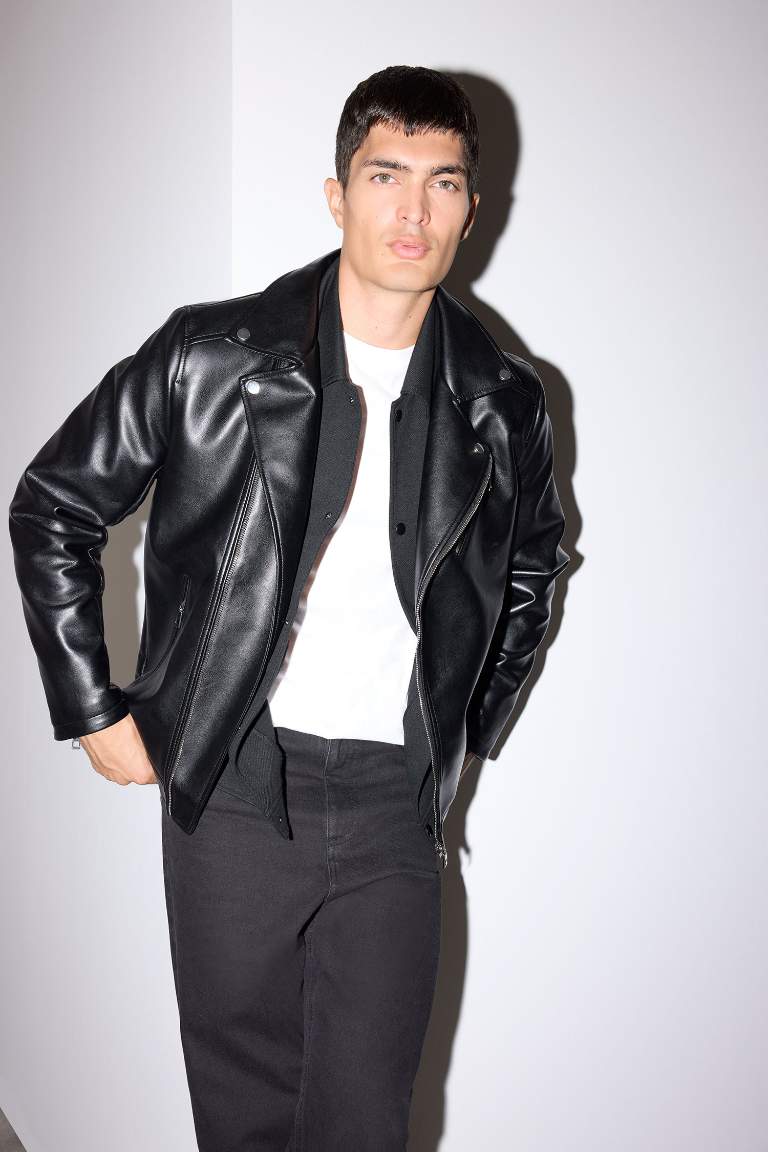 Su ve Rüzgar İtici Slim Fit Dar Kesim Mevsimlik Astarlı Fermuarlı İç Cepli Suni Deri Biker Mont