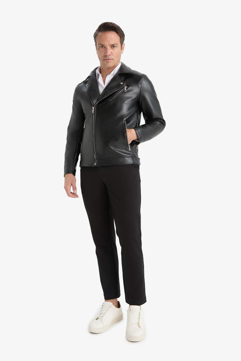 Su ve Rüzgar Geçirmez Slim Fit Dar Kesim Polo Yaka Mevsimlik Astarlı Fermuarlı İç Cepli Suni Deri Biker Mont