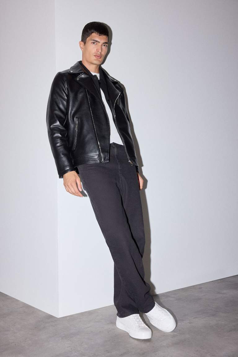 Su ve Rüzgar İtici Slim Fit Dar Kesim Mevsimlik Astarlı Fermuarlı İç Cepli Suni Deri Biker Mont