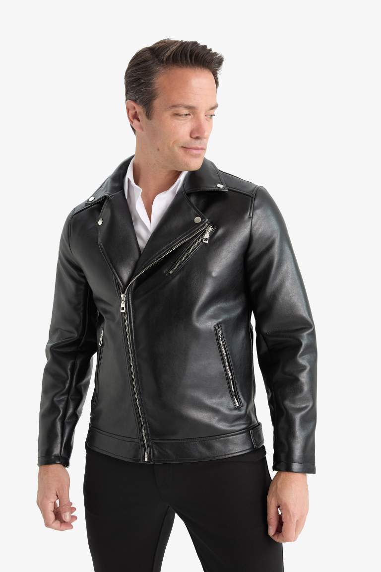Su ve Rüzgar Geçirmez Slim Fit Dar Kesim Polo Yaka Mevsimlik Astarlı Fermuarlı İç Cepli Suni Deri Biker Mont