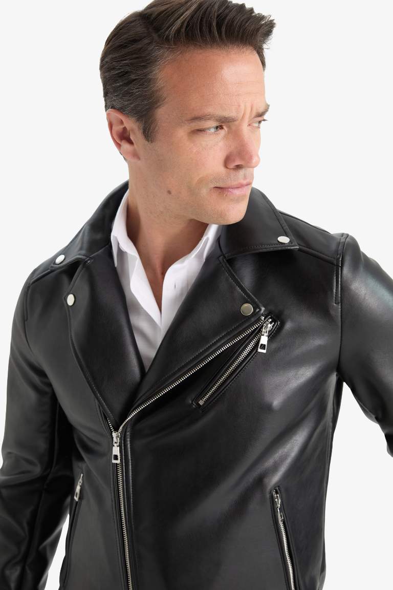Su ve Rüzgar Geçirmez Slim Fit Dar Kesim Polo Yaka Mevsimlik Astarlı Fermuarlı İç Cepli Suni Deri Biker Mont