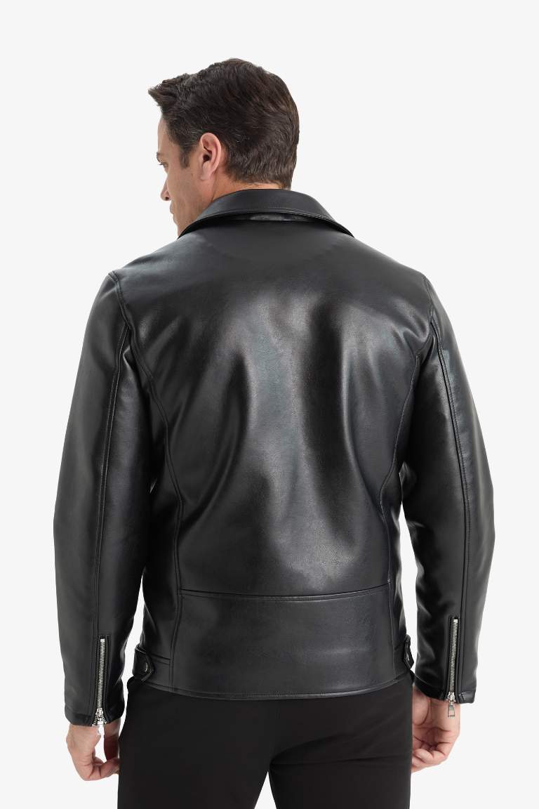 Su ve Rüzgar Geçirmez Slim Fit Dar Kesim Polo Yaka Mevsimlik Astarlı Fermuarlı İç Cepli Suni Deri Biker Mont