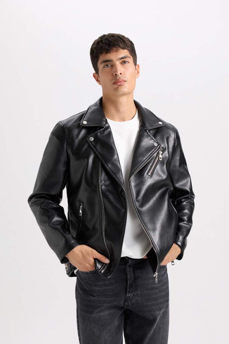 Slim Fit Polo Collar Lined Zippered Faux Leather Jacket