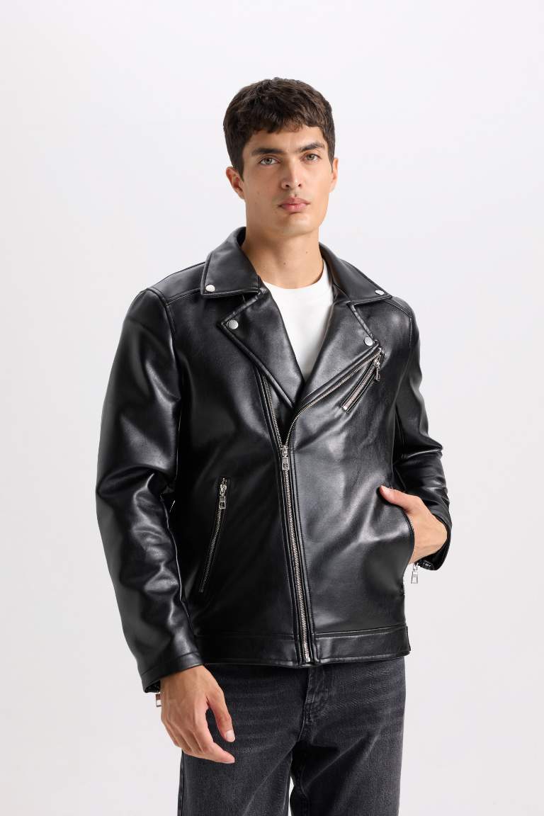 Slim Fit Polo Collar Lined Zippered Faux Leather Jacket