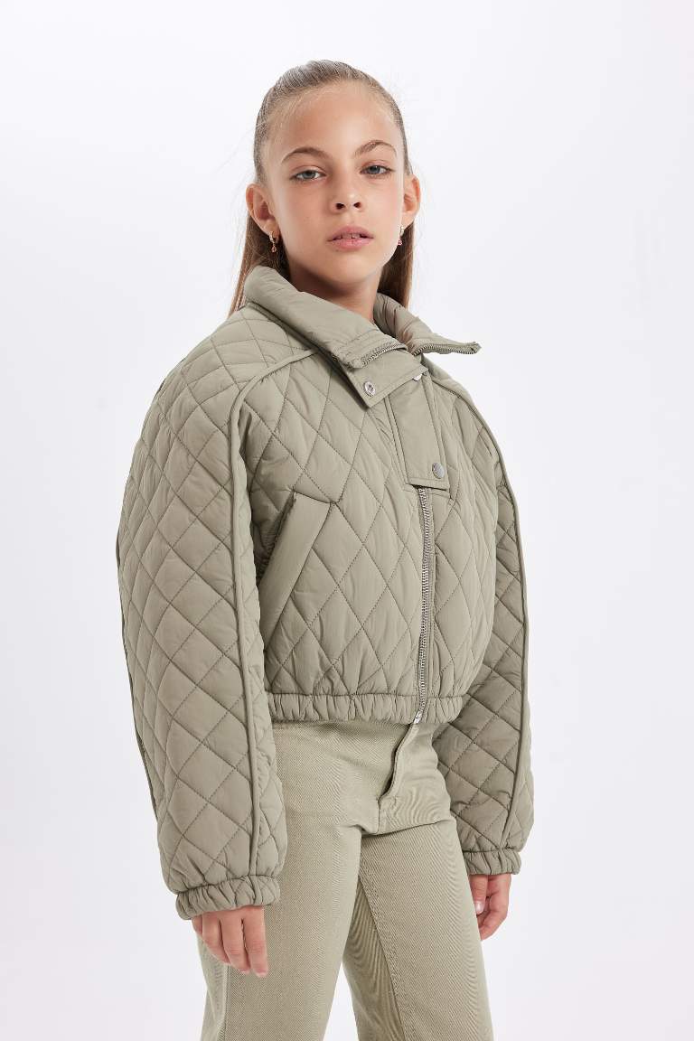 Girl Waterproof Stand Collar Quilted Elastic Waist Puffer Jacket