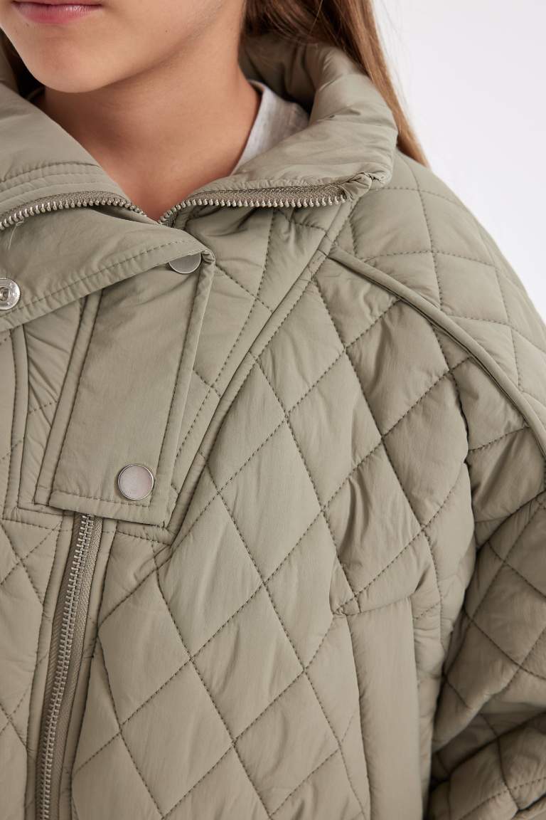 Girl Waterproof Stand Collar Quilted Elastic Waist Puffer Jacket