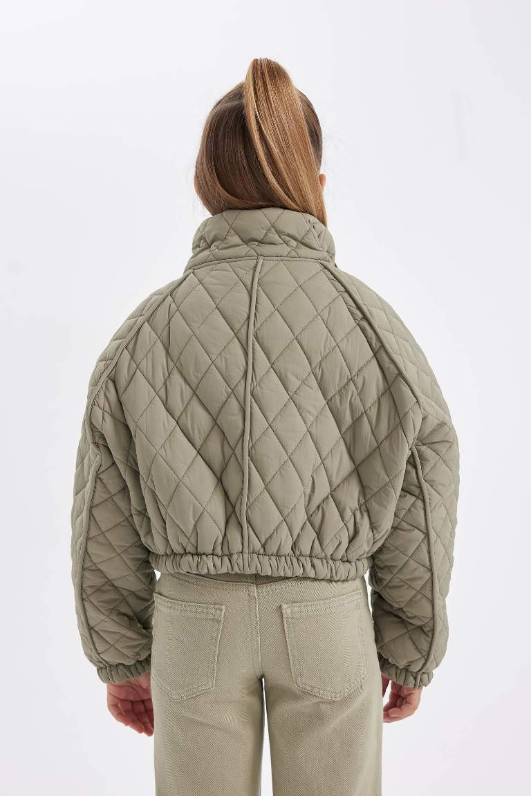 Girl Waterproof Stand Collar Quilted Elastic Waist Puffer Jacket