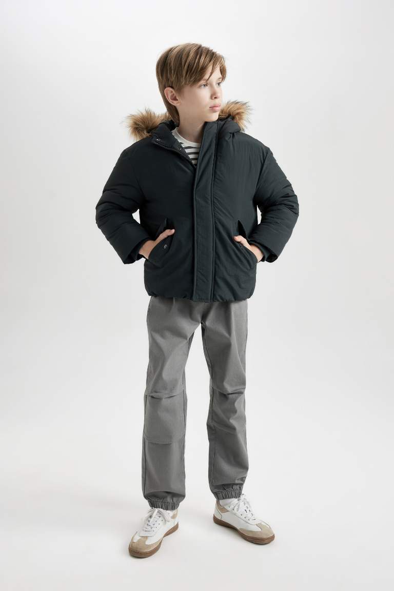 Boy Removable Faux Fur Collar Hooded Jacket