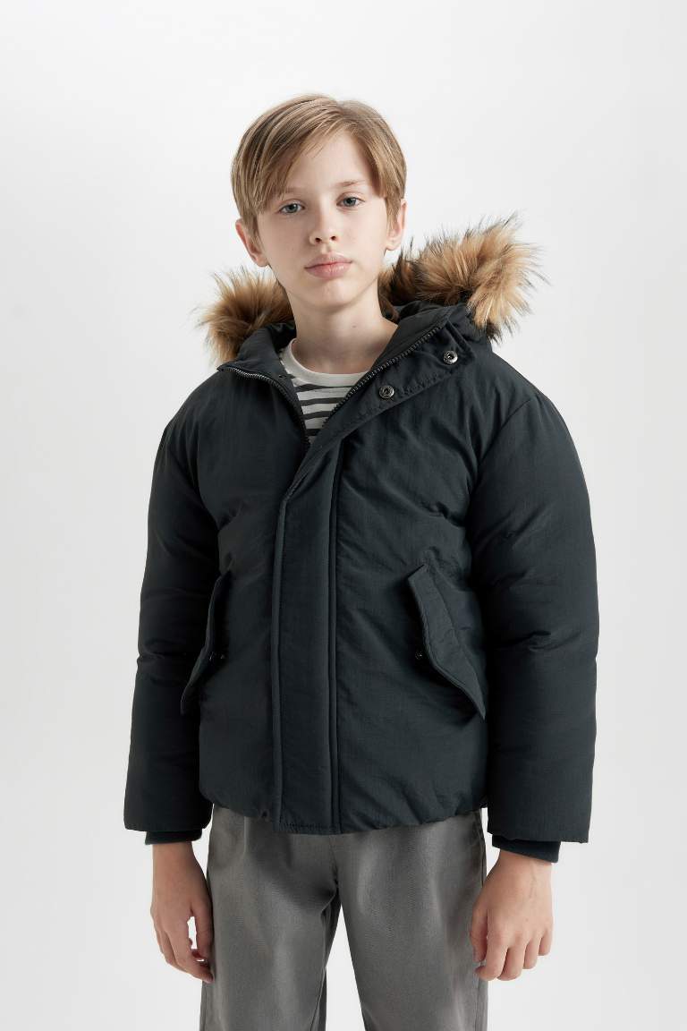 Boy Removable Faux Fur Collar Hooded Jacket