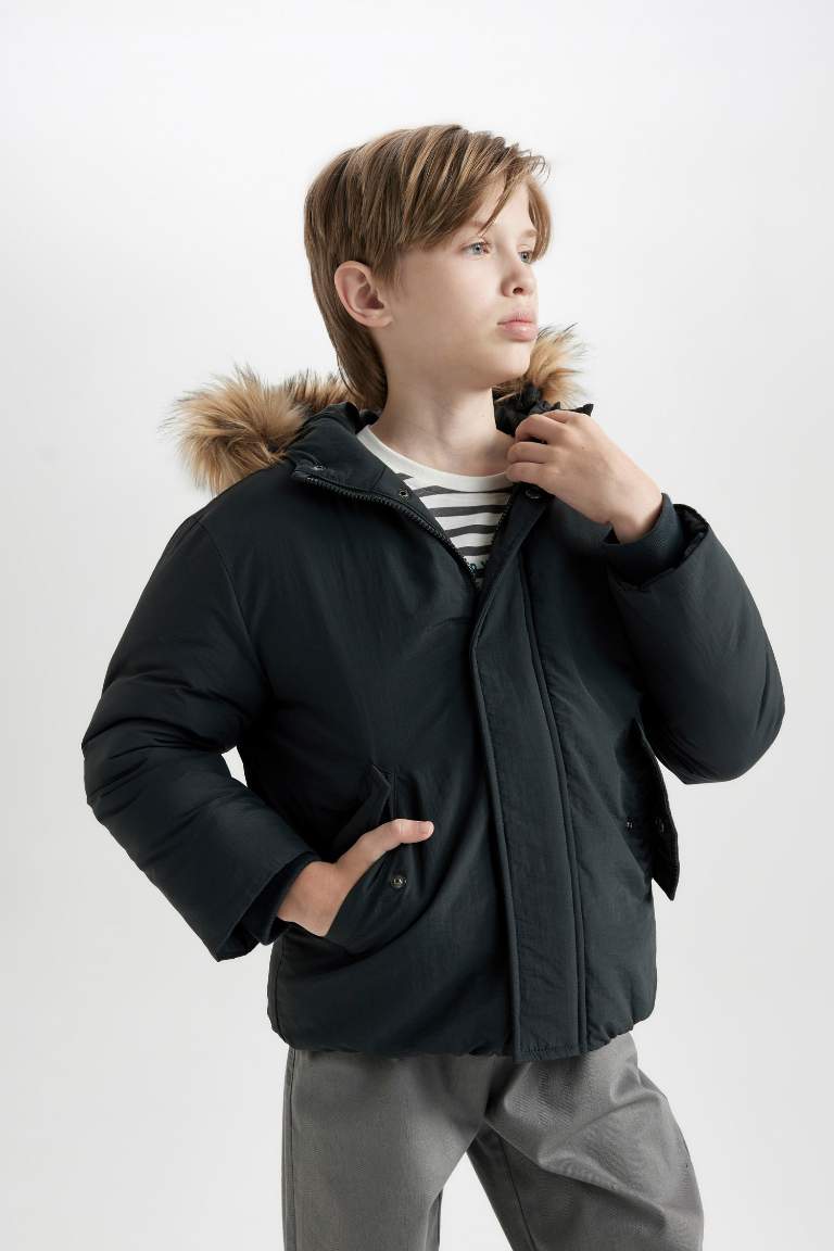 Boy Removable Faux Fur Collar Hooded Jacket