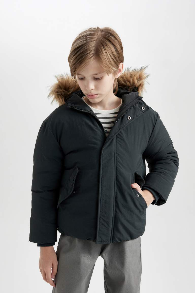 Boy Removable Faux Fur Collar Hooded Jacket