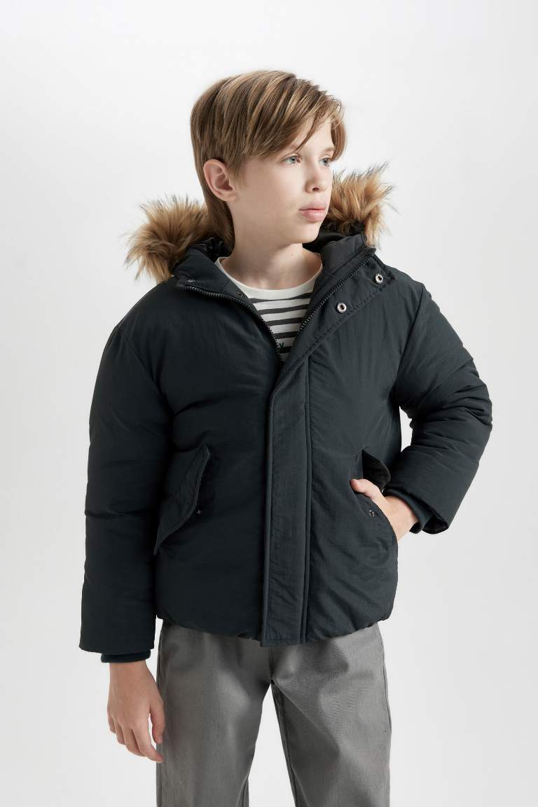 Boy Removable Faux Fur Collar Hooded Jacket