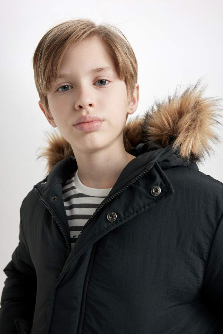 Boy Removable Faux Fur Collar Hooded Jacket