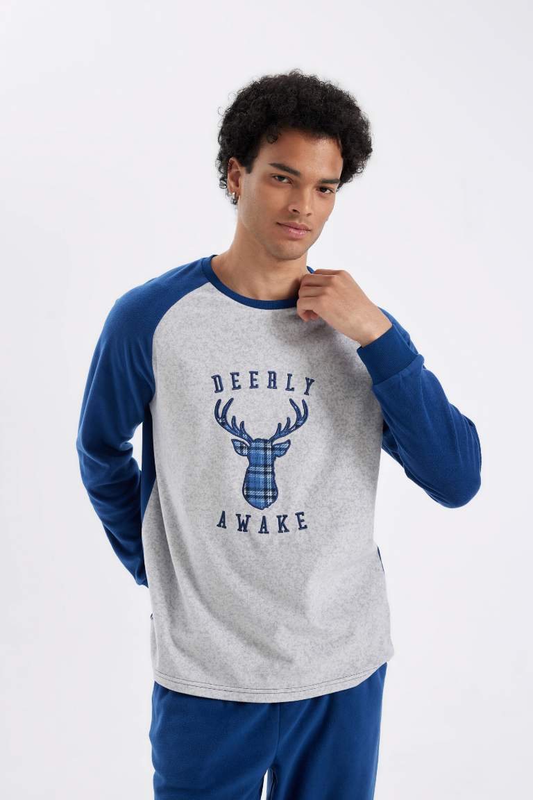 Regular Fit Polar Pijama Takımı Baskılı Uzun Kollu Üst Uzun Alt