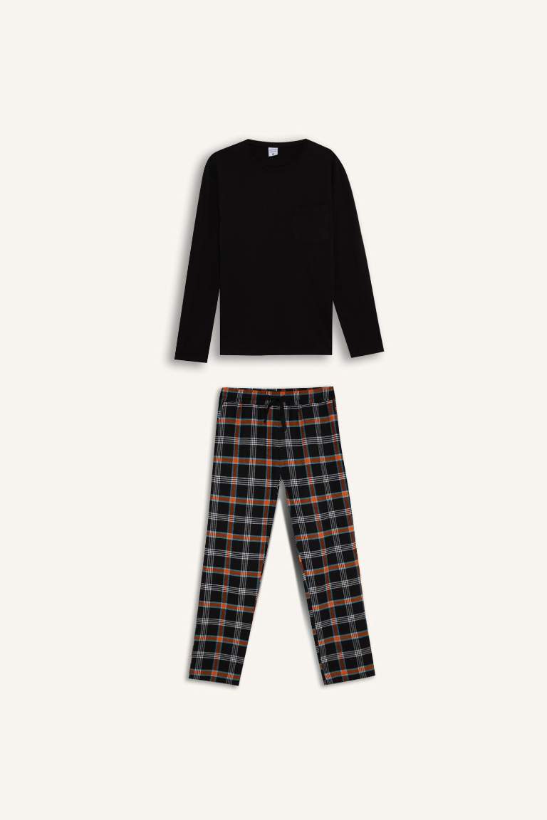Regular Fit Pijama Takımı Bisiklet Yaka Basic Düz Uzun Kollu Üst Kareli Uzun Alt
