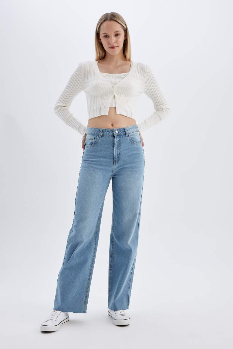 Pantalon Jean large taille haute style années 90 à effet délavé pour femme