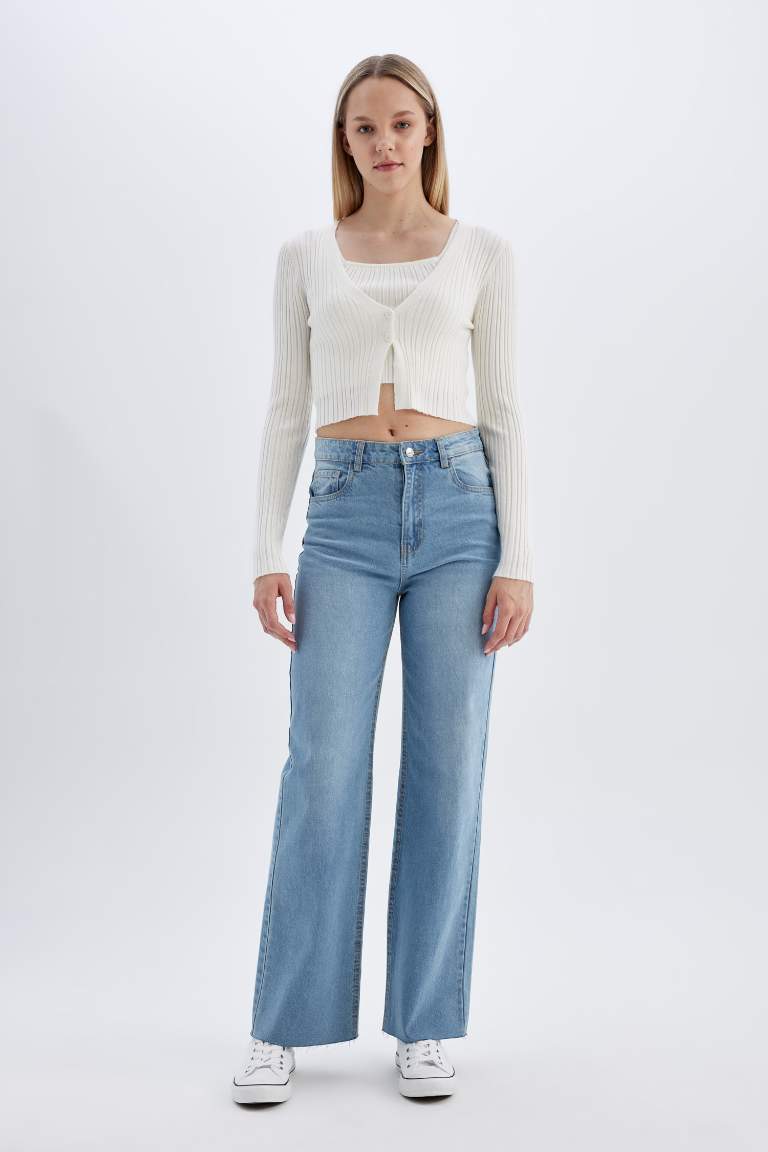 Pantalon Jean large taille haute style années 90 à effet délavé pour femme