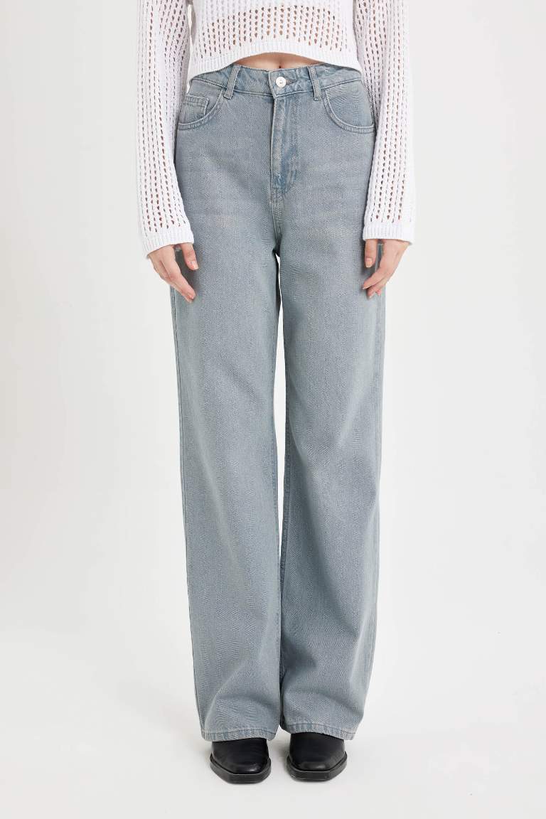 90's Wide Leg Yüksek Bel Uzun Jean Yıkamalı Pantolon