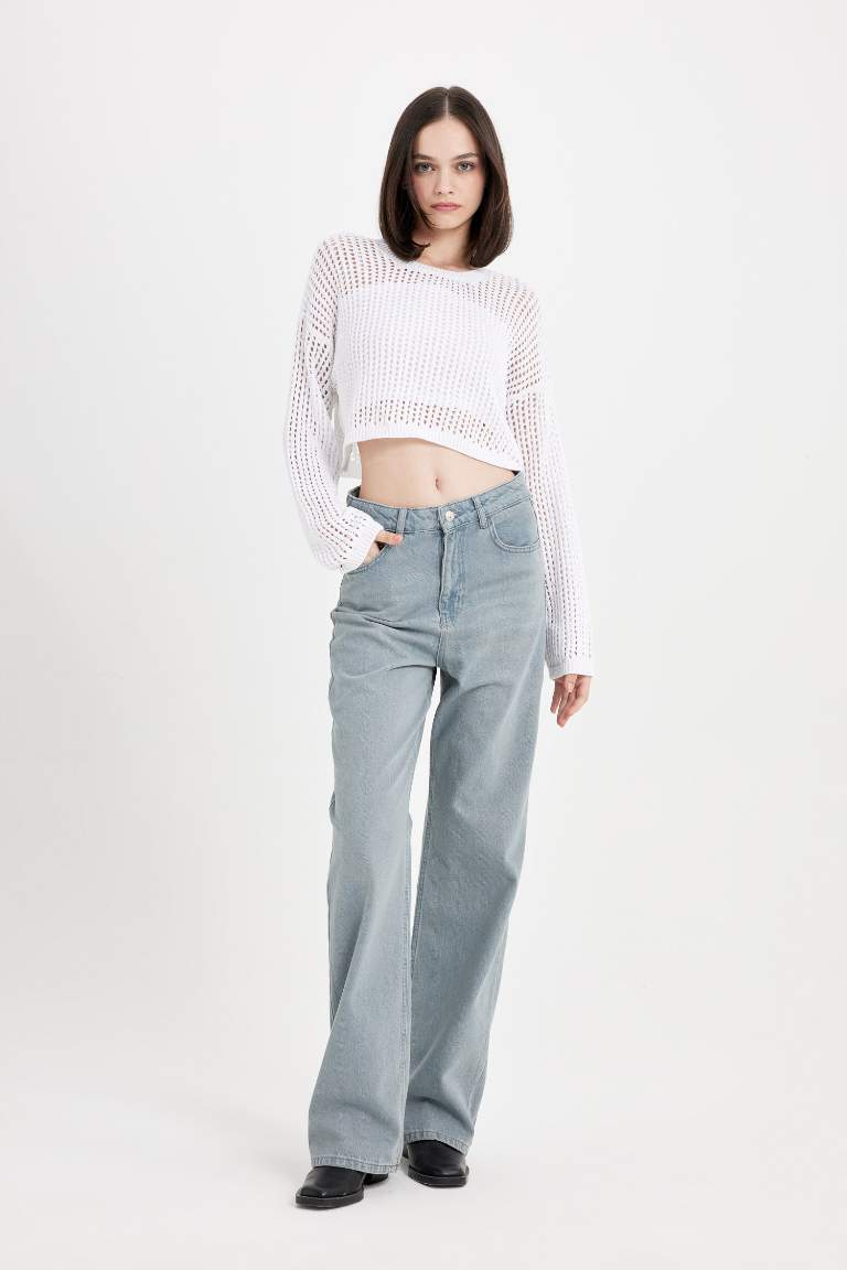 90's Wide Leg Yüksek Bel Uzun Jean Yıkamalı Pantolon