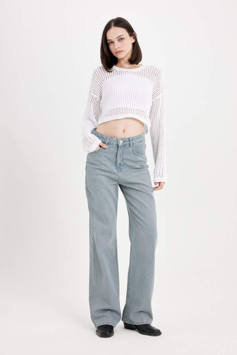 90's Wide Leg Yüksek Bel Uzun Jean Yıkamalı Pantolon