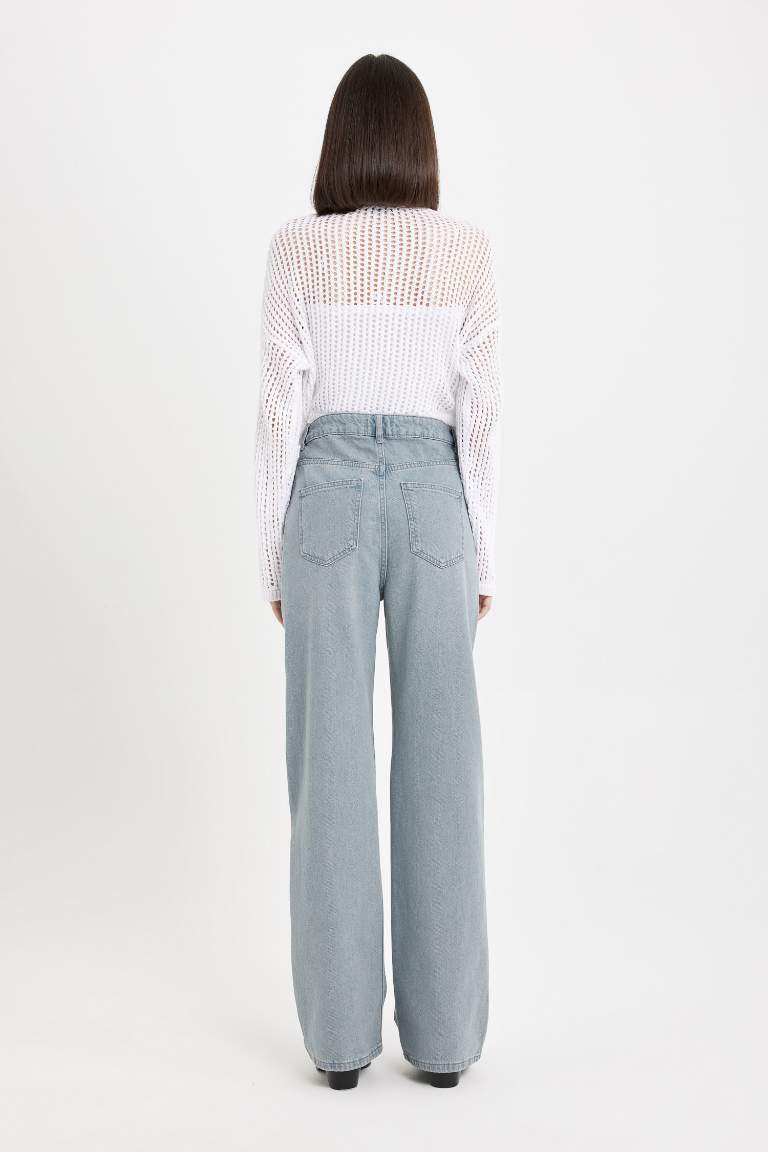 90's Wide Leg Yüksek Bel Uzun Jean Yıkamalı Pantolon