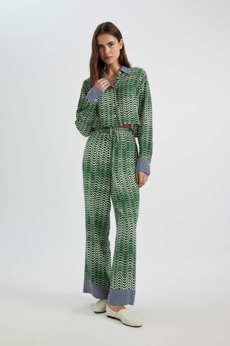 Wide Leg Patterned High Waist Long Trousers