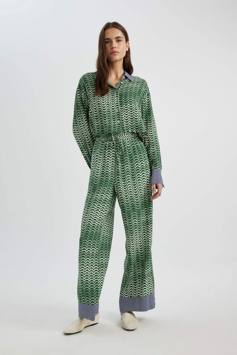 Wide Leg Patterned High Waist Long Trousers