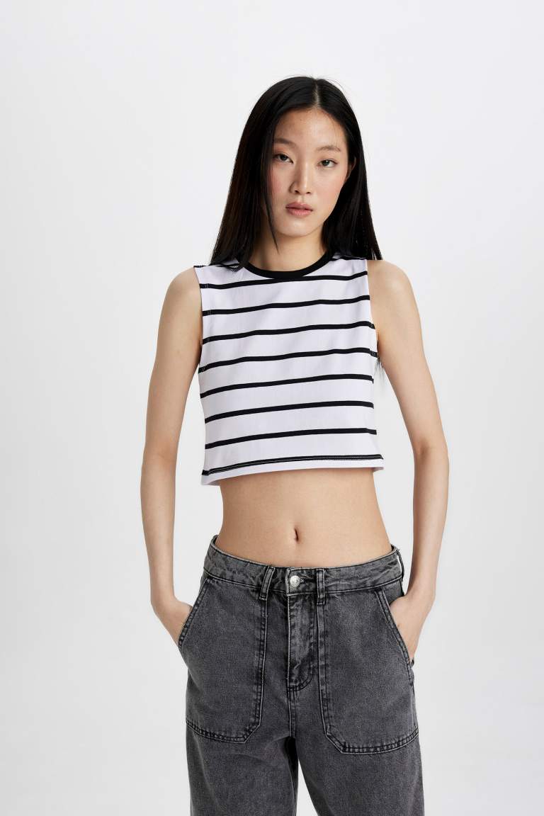 Slim Fit Striped Crew Neck Crop Top