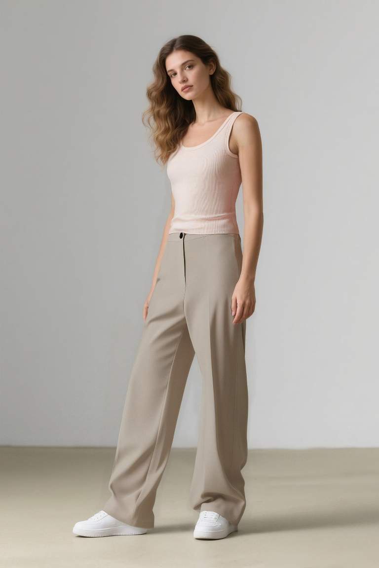 Pantalon taille haute basique à coupe large