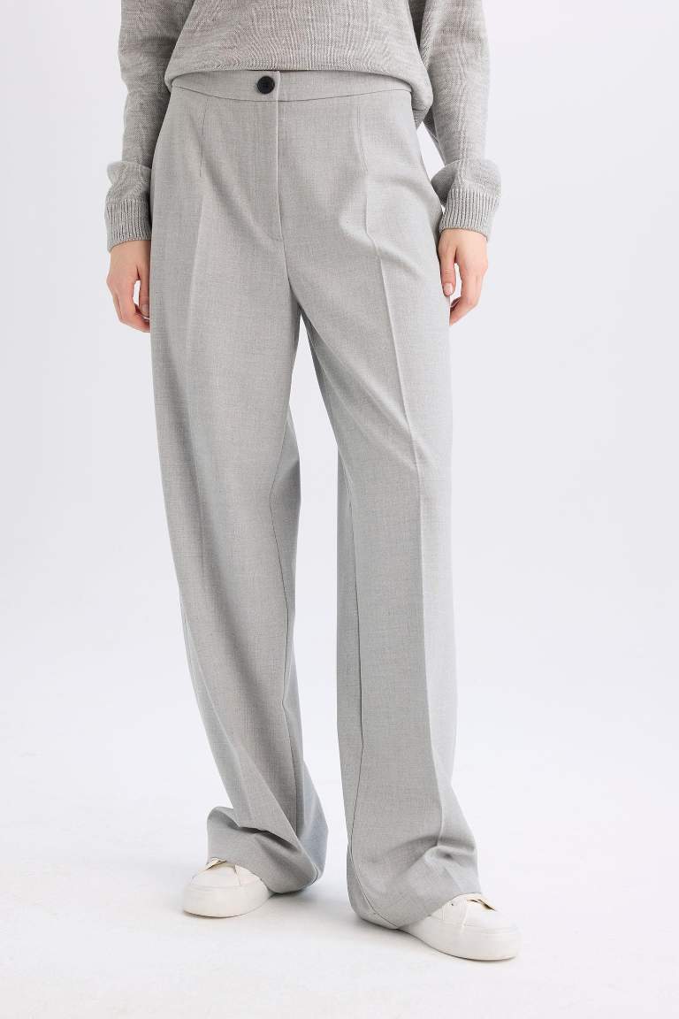 Standart Boy Kumaş Palazzo Pantolon Wide Leg Geniş Bol Paça Basic Düz Yüksek Bel