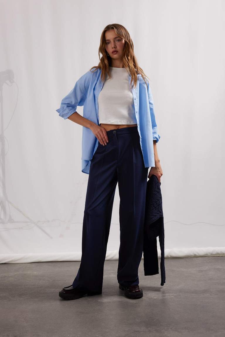 Wide Leg Yüksek Bel Standart Boy Kumaş Pantolon