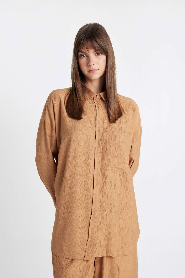 Relax Fit Crinkle Fabric Long Sleeve Shirt Tunic