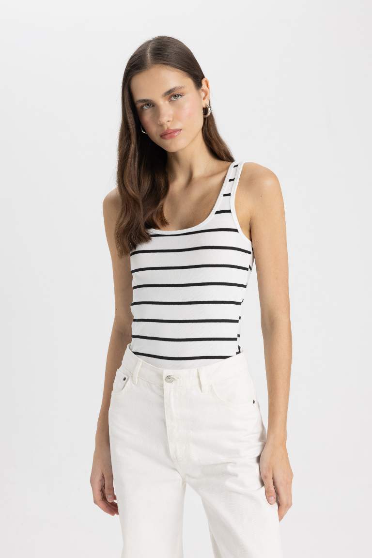 Slim Fit Striped Crew Neck Ribbed Tank Top