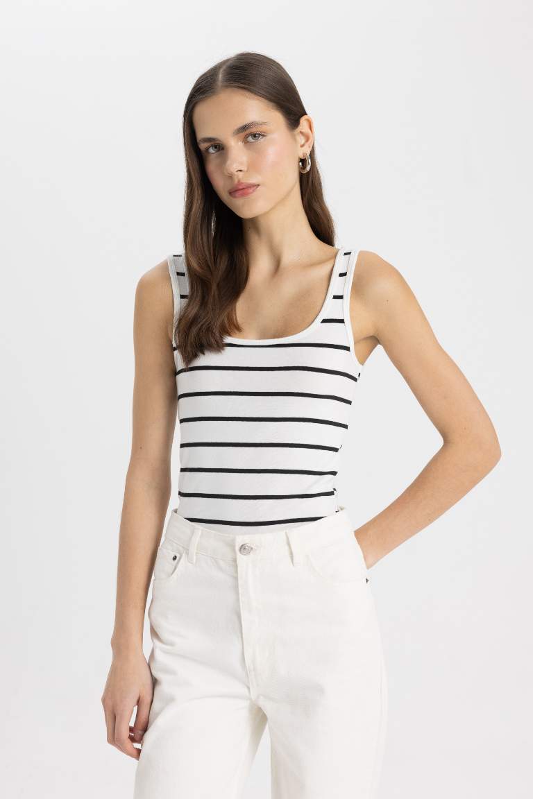 Slim Fit Striped Crew Neck Ribbed Tank Top