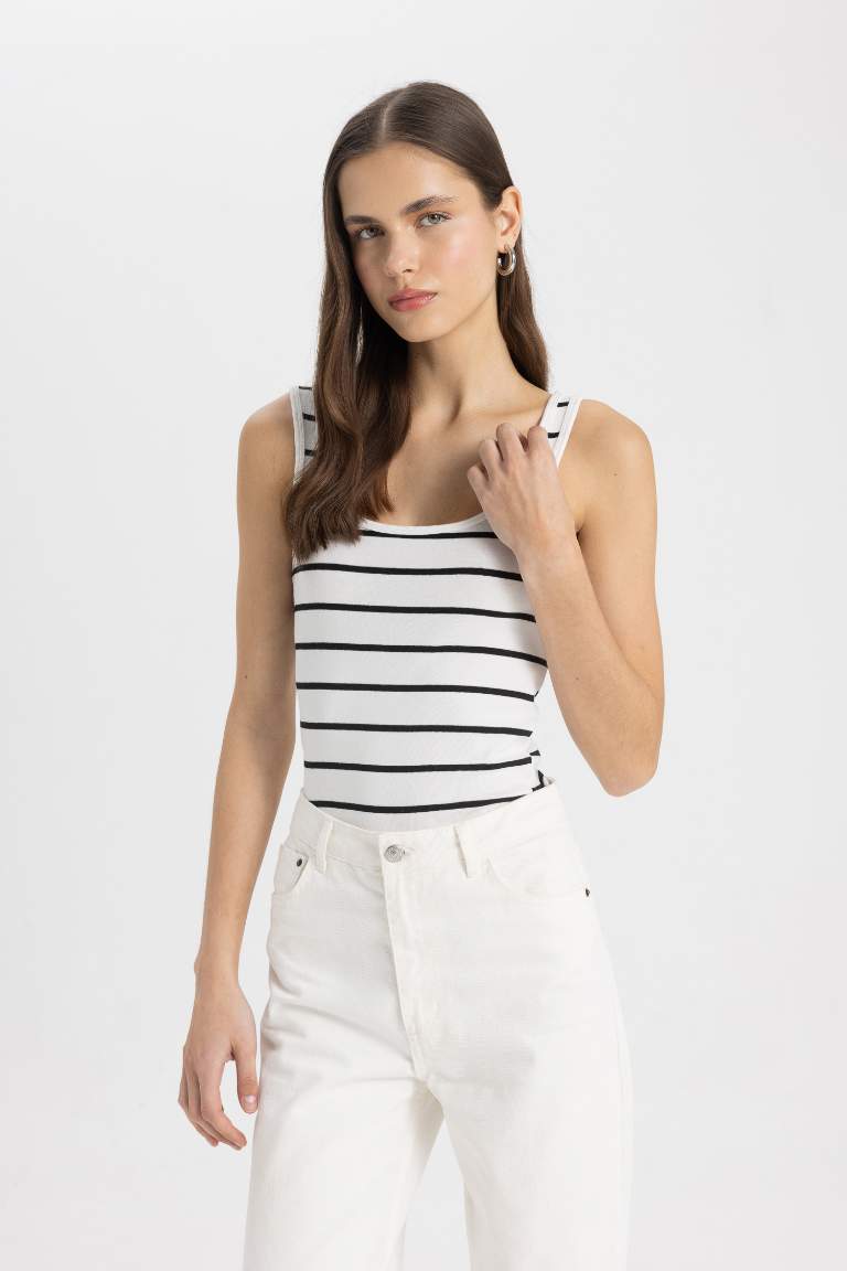 Slim Fit Striped Crew Neck Ribbed Tank Top